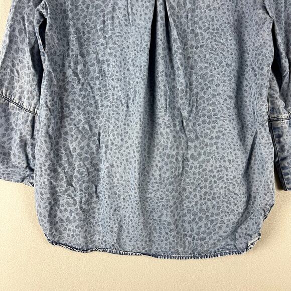 Bella Dahl Leopard Print Tencel Top Womens Medium Blue Button Down 3/4 Sleeve - Picture 15 of 16